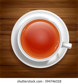 White cup of black tea on saucer stand on wooden table. Top view. Vector illustration, isolated on white background.