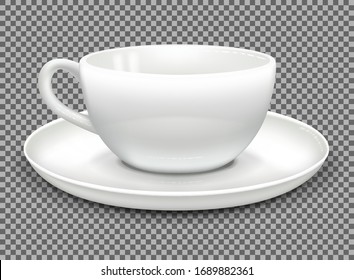 White cup for cappuccino coffee and saucer. Side view. Mockup for advertising design. Isolated on a white background. Vector illustration.