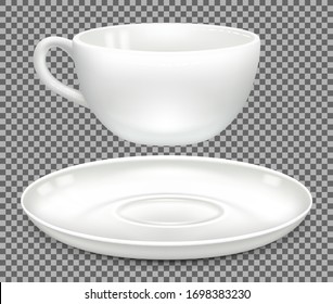 White cup for cappuccino coffee and saucer. Side view, separately. Layout for advertising design. Separate on a white background. Vector illustration