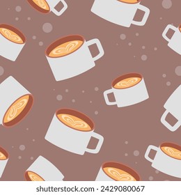 White cup with cappuccino. Seamless pattern background. Vector illustration in flat style.