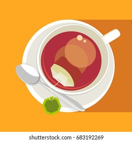 White cup of carcade tea with with green tea bag (blank label) on orange background. Top view. Vector illustration.