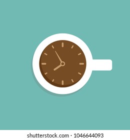 white cup with clock. Coffee time. flat Mug isolated on powder blue background. Vector illustration.  Morning cappuccino. Coffee break