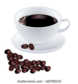 White cup of coffee with beans on white background