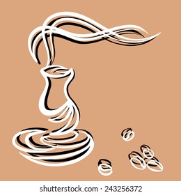 White cup of coffee with coffee beans on the brown background
