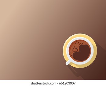 White cup of coffee with copy space. flat lay coffee mug top view on brown background. Vector illustrator.