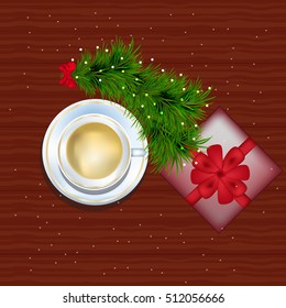 white cup of coffee, fir twigs and gift  on a rustic wooden texture