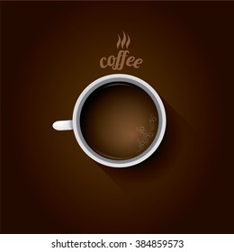 white cup of coffee. flat lay coffee mug  top view on brown background