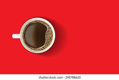 White Cup Of Coffee With Foam And Bubbles On A Bright Red Background. View From Above. 
Menu, Packaging Design, Poster, Invitation Card. Realistic Vector Illustration.