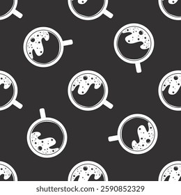 White cup of coffee with foam seamless pattern. Texture pattern with hot morning coffee mug. Top view. Coffee break. Monochrome wallpaper template. flat vector illustration