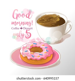 White cup of coffee and freshly baked donut on light background Healthy breakfast. Vector illustration, vintage, watercolor