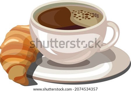 White cup of coffee or hot chocolate with golden croissant, vector illustration isolated on white background