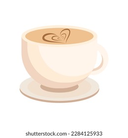 White cup of coffee with an image of heart. Cartoon style
