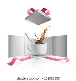 white cup with coffee inside gift box. Vector design. 