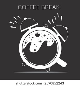 White cup of coffee in jumping alarm clock. Hot morning coffee mug. Top view. Time to coffee break. Monochrome wallpaper or poster. Time management. flat vector illustration