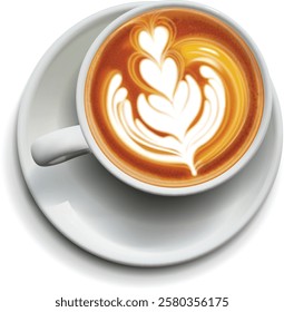 White cup with coffee latte. Hearts pattern in a cup. High detailed realistic illustration.