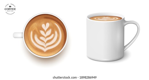 White cup of coffee latte tulip,set, 3d realistic vector style. Top view and side. Vector Isolated. Latte art barista