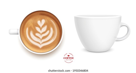 White cup of coffee latte tulip,set, realistic vector 3d style. Top view and side. Vector Isolated. Latte art barista
