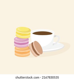 White cup of coffee and macaron on light background. Vector illustration