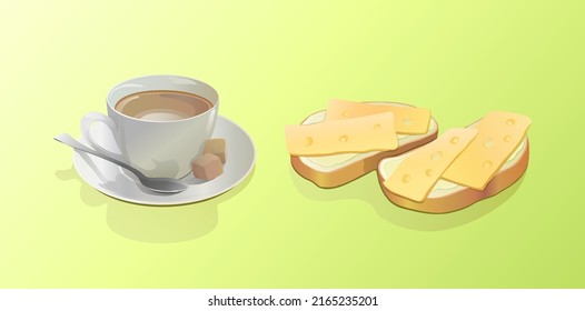 A white cup with coffee and milk on a white saucer with a spoon and two pieces of brown cane sugar and two sandwiches with cheese and butter in a vector on a green background. Vector illustration.