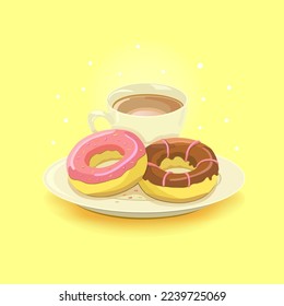 A white cup of coffee with milk and a white plate with chocolate, berry or strawberry donuts or cupcakes on a yellow background. Food, beverages and confectionery. Vector illustration.