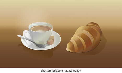 A white cup of coffee with milk with a white saucer with a spoon and two pieces of brown sugar and a croissant or bagel on a light brown background in a vector. Food and desserts for tea and coffee.