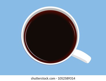 White cup of coffee on a blue background, vector, top view