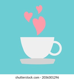 a white cup of coffee on a blue background with pink hearts. vector simple cute coffee cup drawing in pastel colors