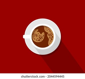 White cup of coffee on a dark red background. Top view. Flat vector illustration