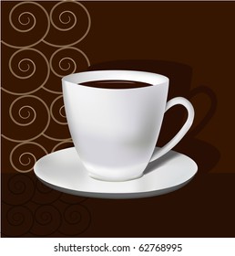 a white cup of coffee on the designed background