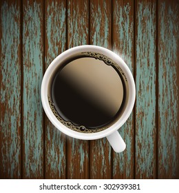 White cup of coffee on the old wooden table. Stock Vector.