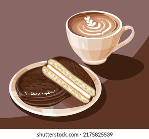 Weiße Tasse Kaffee und с Hufkuchen mit. С. Stillleben. Vektorgrafik