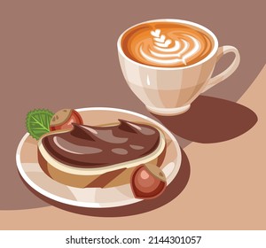 White cup of coffee and piece of bread with nut creeam. Сomposition. Still life. Vector