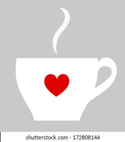 White cup of coffee with red heart. Vector illustration