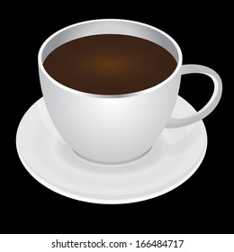 White cup of coffee and saucer on black