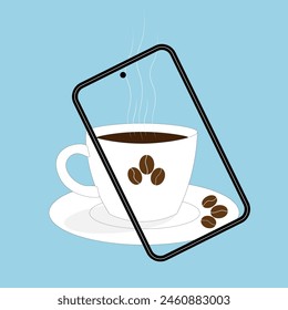 A white cup of coffee with a saucer and a phone photographing it on a blue background