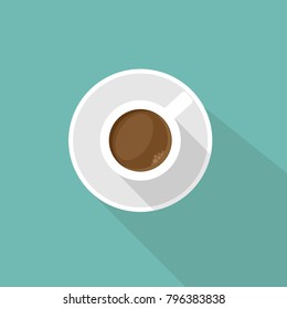 White Cup Of Coffee With Shadow. Top  View Isolated On Blue. Coffee Break Vector Illustration. Study, Write, Teach Sign. Business Lunch Icon. 