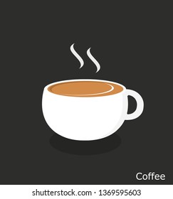 White cup of coffee with smoke isolated on black background.vector illustration