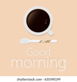 White cup of coffee with spoon top view.Flat vector illustration