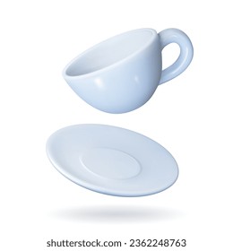 White Cup for coffee or tea. 3d cup and saucer for hot drink. Mockup of mug for restaurant and cafe design. Vector render illustration isolated on white background.