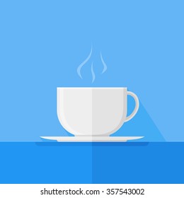 White cup of coffee or tea with smoke on blue background. Flat style vector illustration.