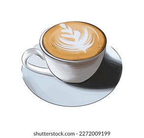 White cup of coffee, top and side view, cappuccino, latte from multicolored paints. Splash of watercolor, colored drawing, realistic. Vector illustration of paints