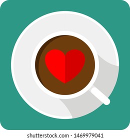 white Cup of coffee top view. flat style with long shadow on green background.