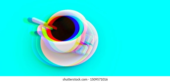 White cup with coffee and two pieces of sugar on a turquoise background. Photorealistic vector illustration with RGB-shift effect. Glitched wallpaper with aesthetic of vaporwave style. svg