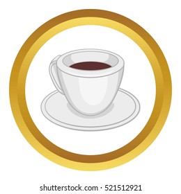 White cup of coffee vector icon in golden circle, cartoon style isolated on white background