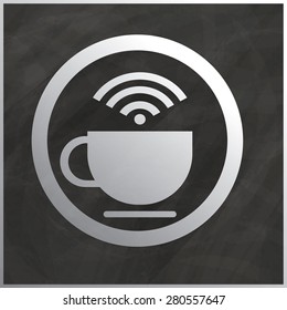 White cup of coffee and WiFi symbol on chalkboard