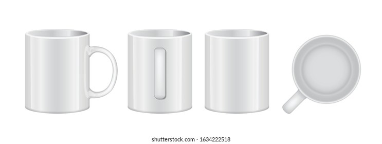 White Cup. Empty Template Mockup Set Different Views. Vector illustration of Mug. For your design