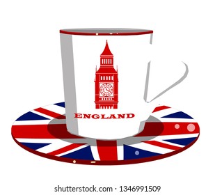 White cup with england flag and london clock tower