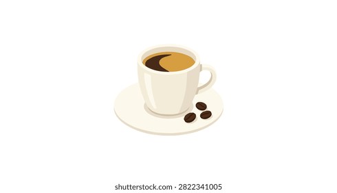 white cup filled with black coffee placed on a white saucer next to coffee beans isolated on a plain background