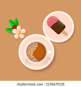 White cup, flower and ice cream. Breakfast concept