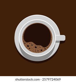 White cup of fragrant coffee with foam stands on the table. Top view